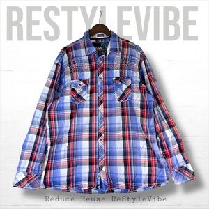 ROAR Men’s Size XXXL Shirt Button Down Long Sleeve Plaid Embroidered Details
